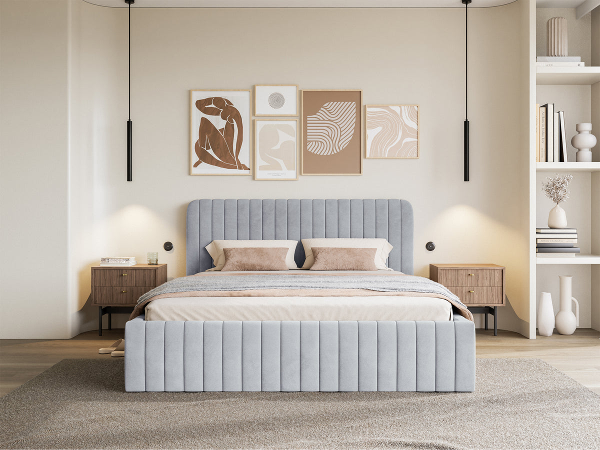 Polsterbett 160x200 cm Saliano mit Stauraum, taubenblauer Velours, wasserabweisend