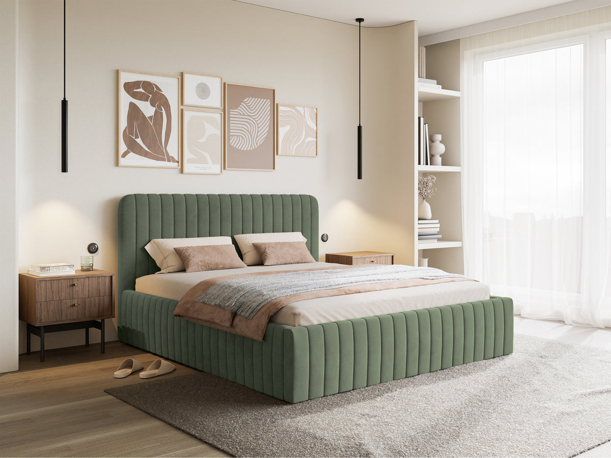 Polsterbett 140x200 cm Saliano mit Stauraum, eukalyptusfarbener Velours mit hydrophober Beschichtung