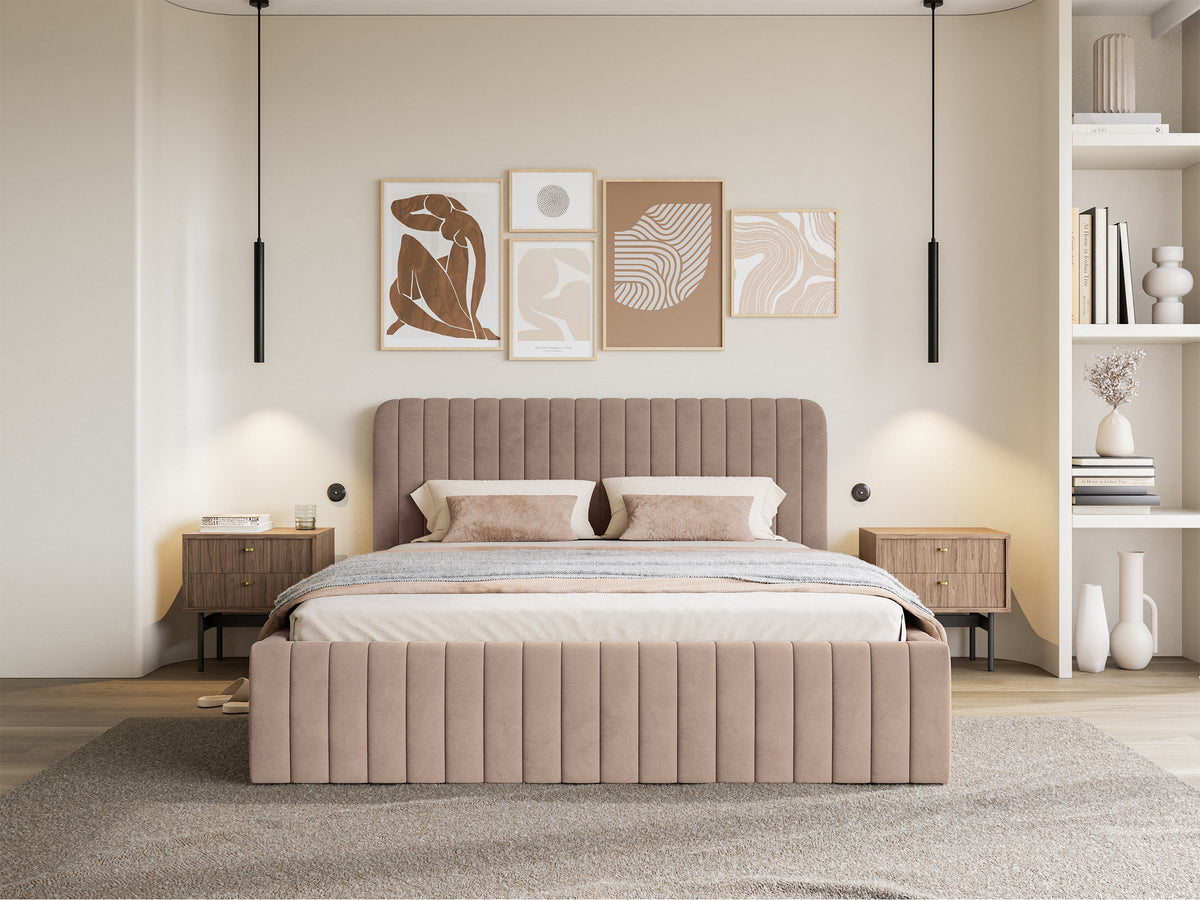 Polsterbett 140x200 cm Saliano mit Stauraum, beige, wasserabweisender Samt