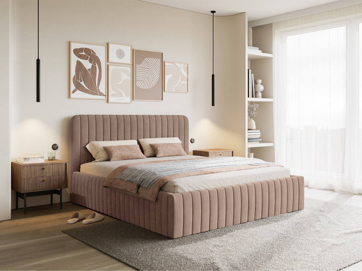 Polsterbett 140x200 cm Saliano mit Stauraum, beige, wasserabweisender Samt