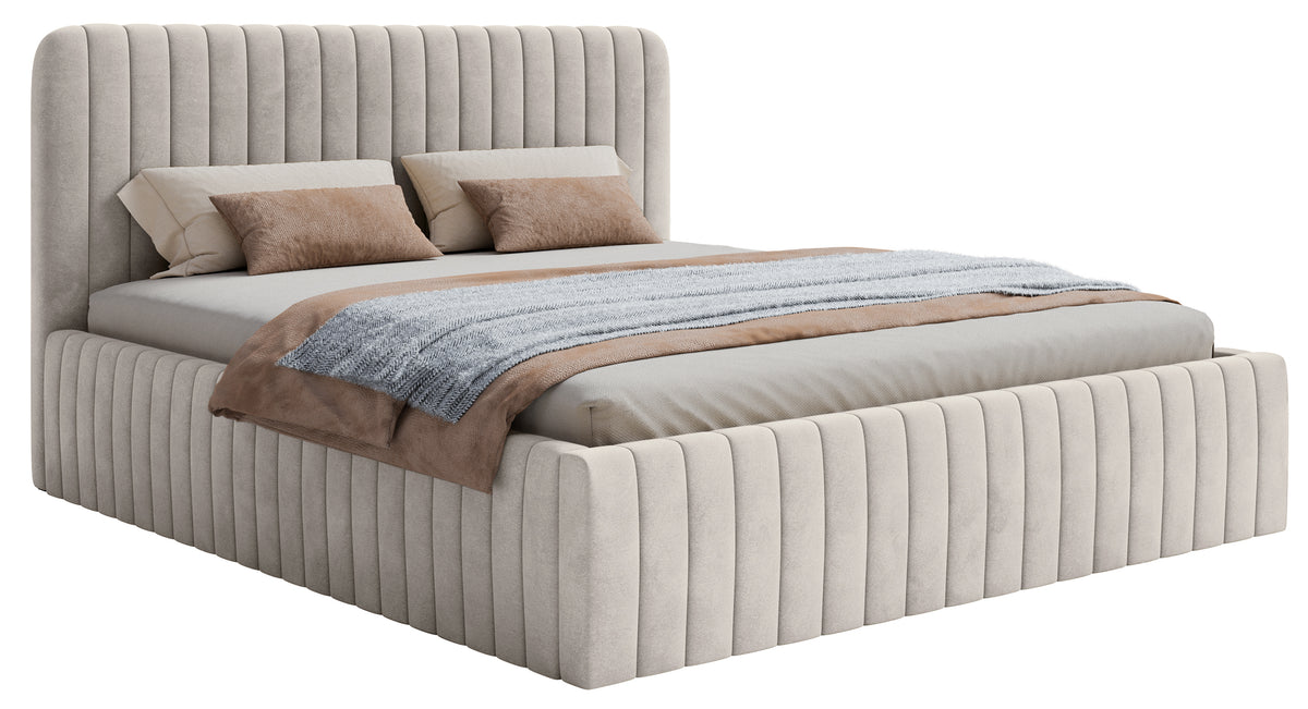 Lit tapissé 140x200 cm Saliano avec rangement, velours hydrofuge gris beige