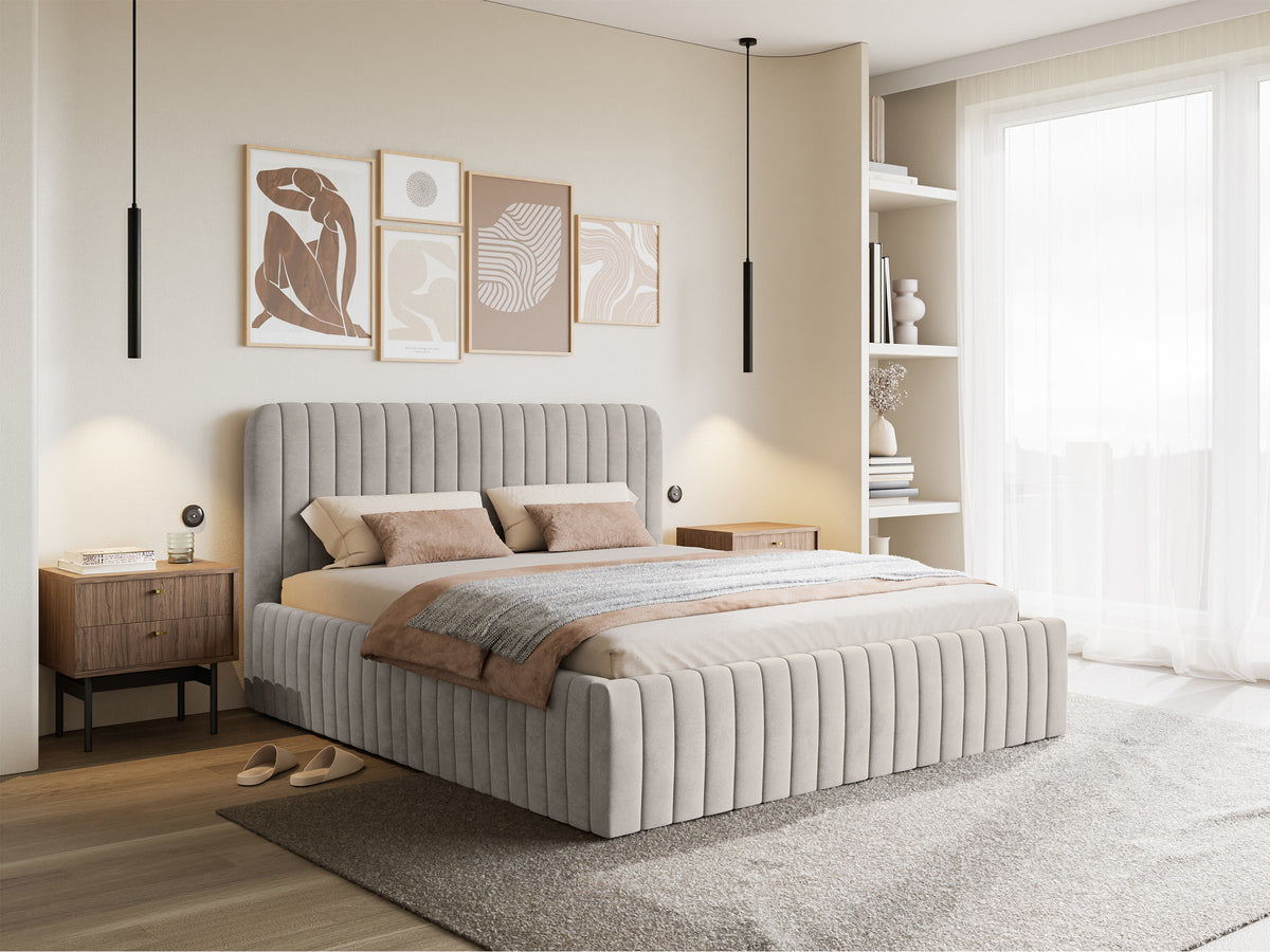 Lit tapissé 140x200 cm Saliano avec rangement, velours hydrofuge gris beige
