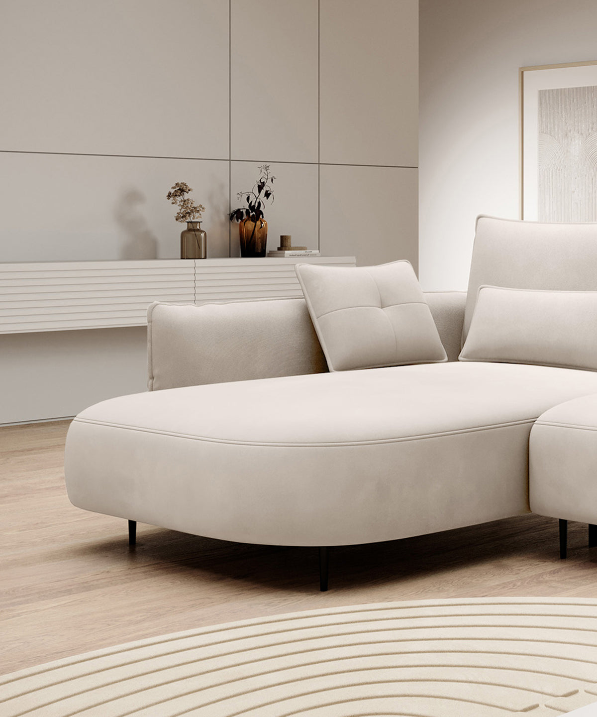 Canapé d'angle Oblivio avec fonction couchage en L, coffre de rangement, velours crème hydrofuge, version gauche