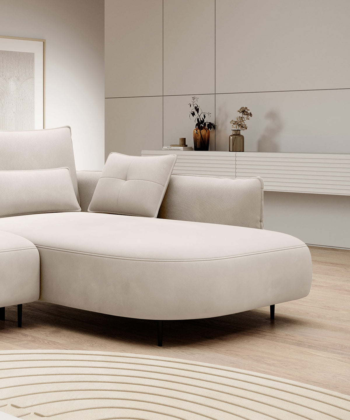 Ecksofa Oblivio mit Schlaffunktion, L-förmig, mit Stauraum, cremefarbener Samt, rechtsseitig, wasserabweisend