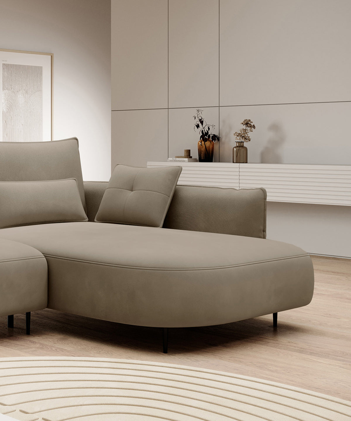 Canapé d'angle Oblivio avec fonction couchage, en L, avec coffre de rangement, velours hydrofuge couleur brun clair, côté droit
