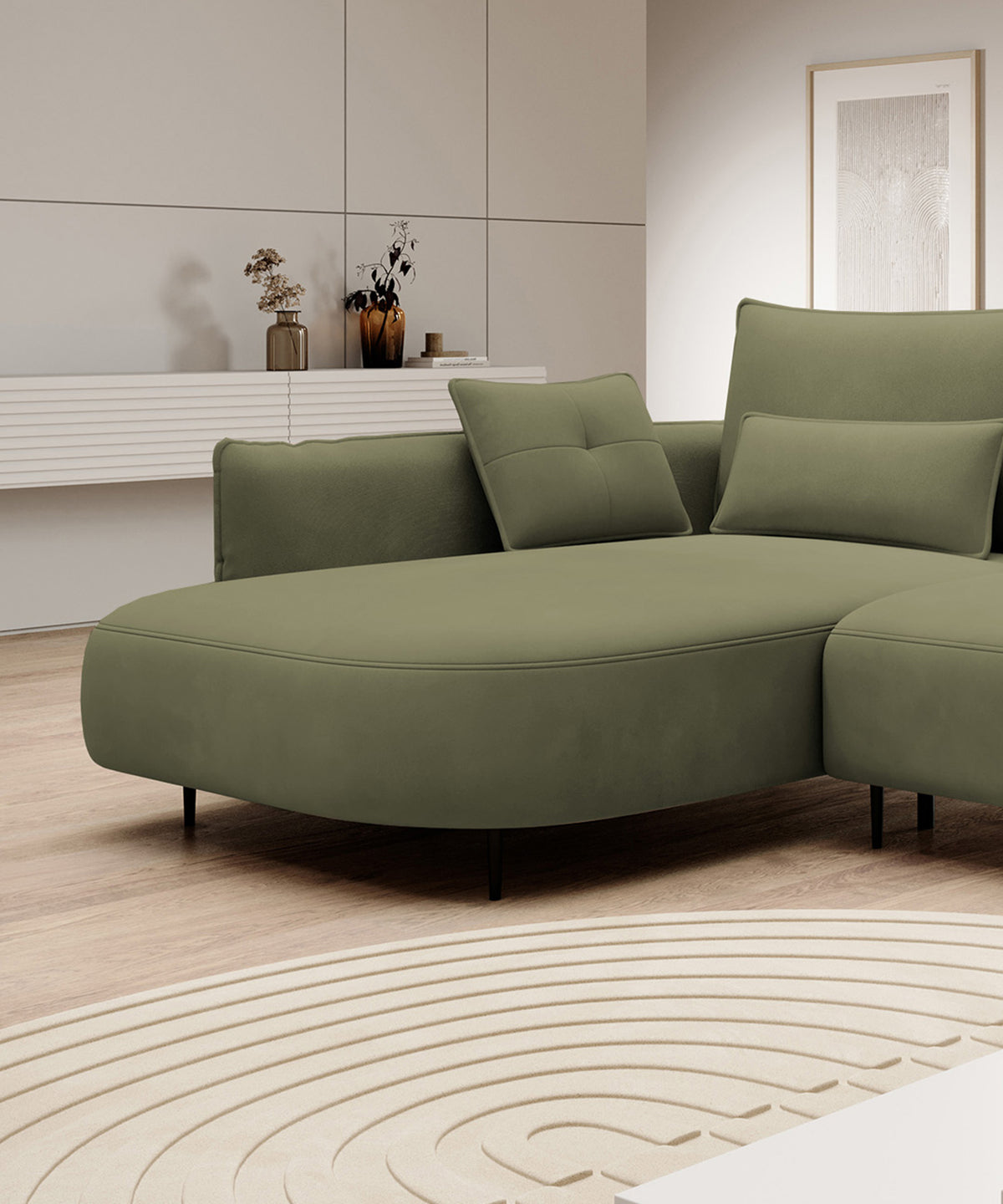 Canapé d'angle Oblivio avec fonction couchage, forme en L, coffre de rangement, velours olive, côté gauche, hydrofuge