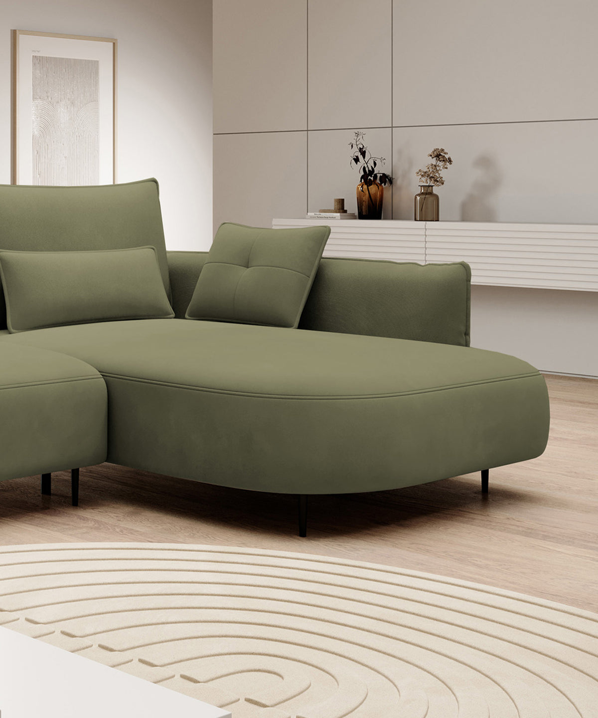 Canapé d'angle Oblivio avec fonction couchage, en L, avec coffre de rangement, velours olive hydrofuge, côté droit
