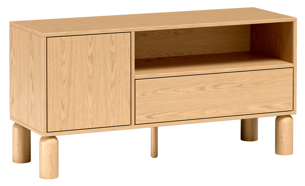 Meuble TV 1 porte Sanden avec tiroir et niche 120 cm chêne bookmatch