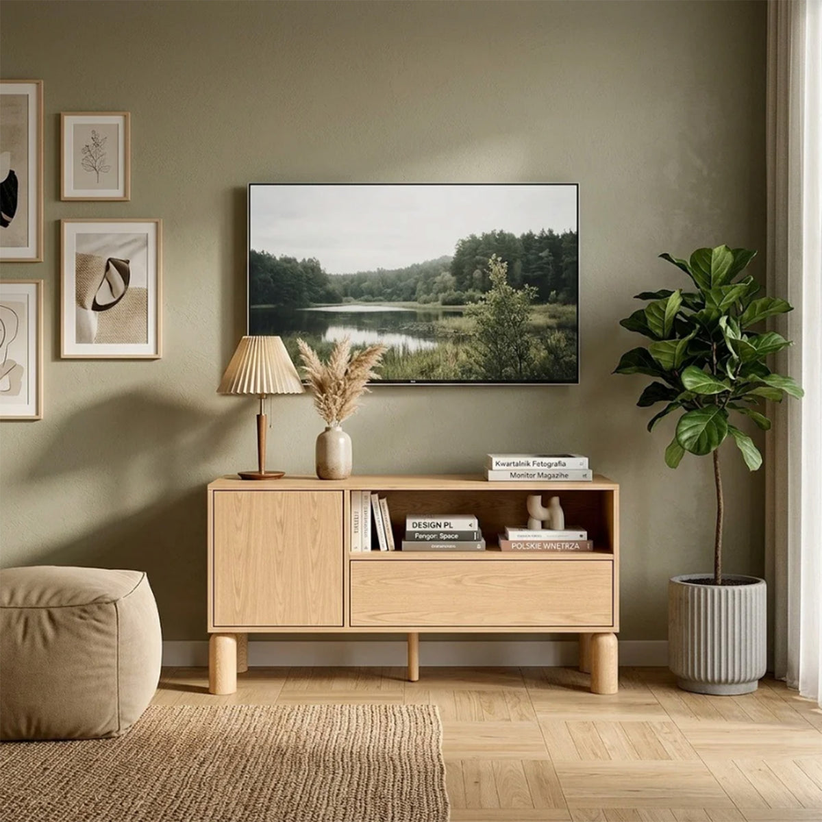 Meuble TV 1 porte Sanden avec tiroir et niche 120 cm chêne bookmatch
