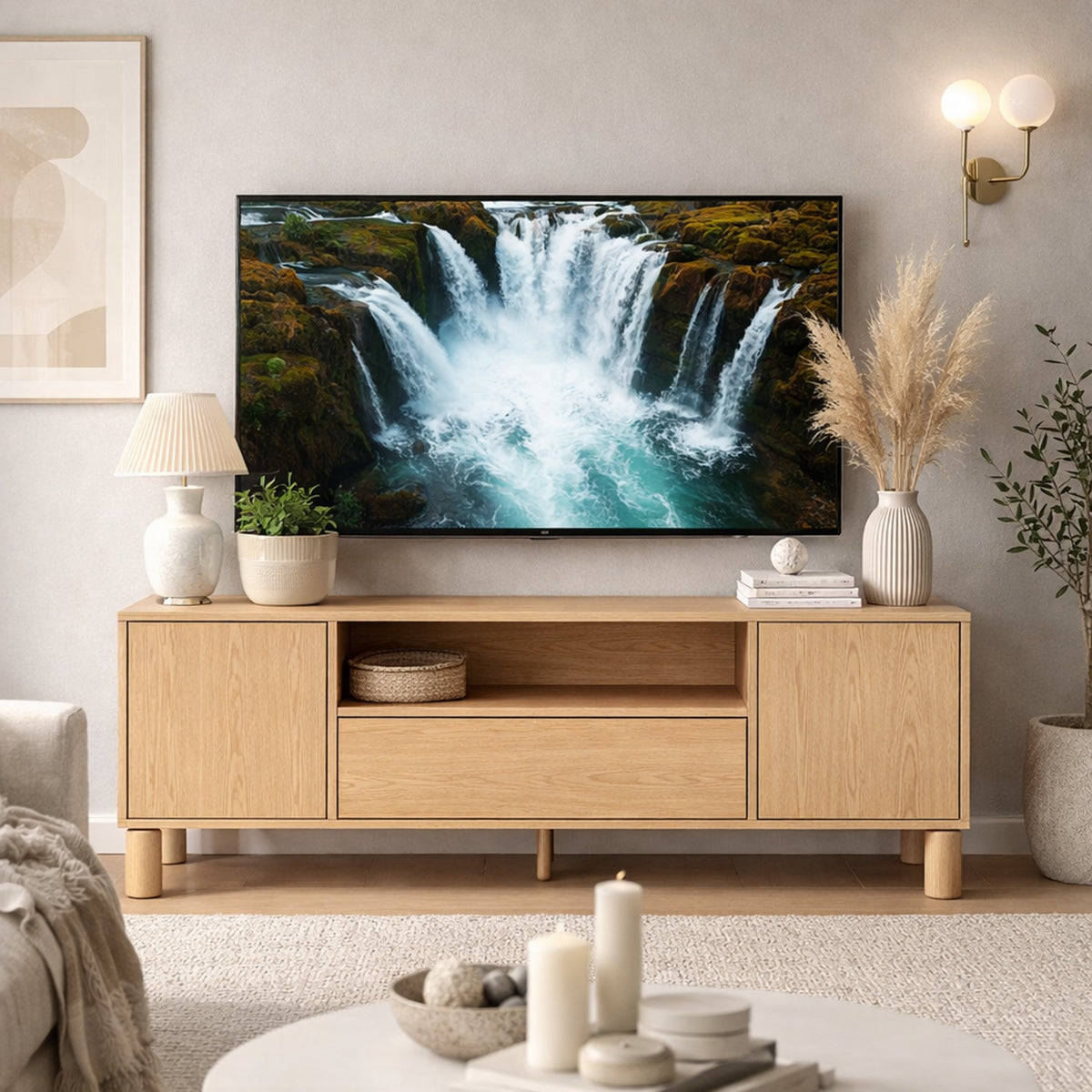 Meuble TV Sanden 2 portes avec tiroir et niche 160 cm chêne bookmatch