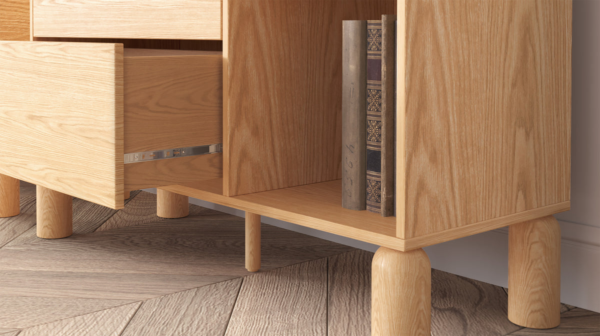 Regal Sanden mit drei Schubladen, 110 cm, Eiche Bookmatch