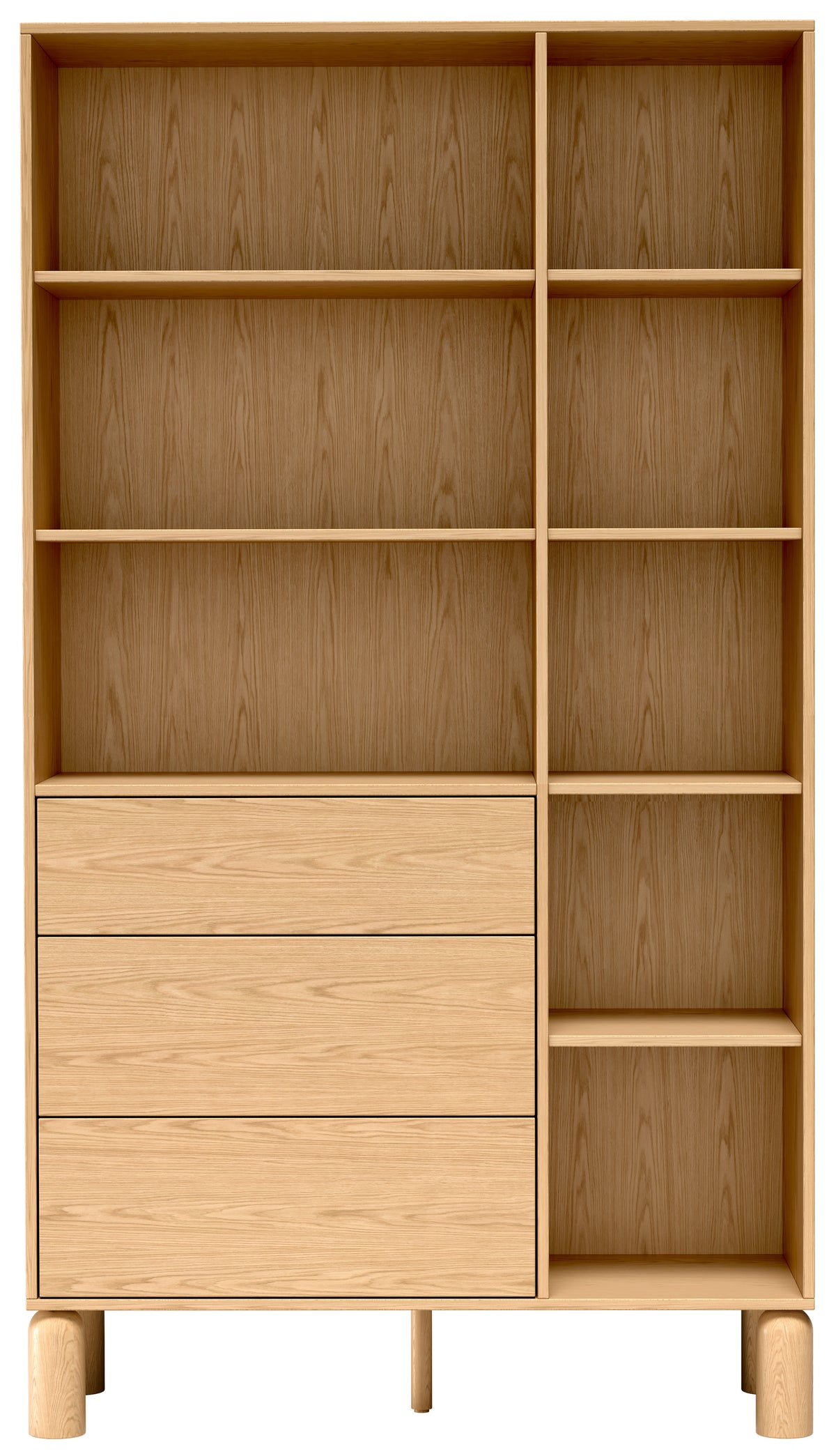 Regal Sanden mit drei Schubladen, 110 cm, Eiche Bookmatch