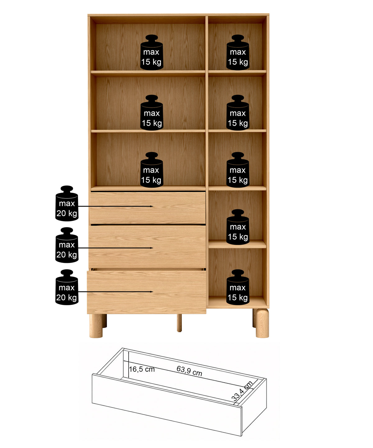 Regal Sanden mit drei Schubladen, 110 cm, Eiche Bookmatch