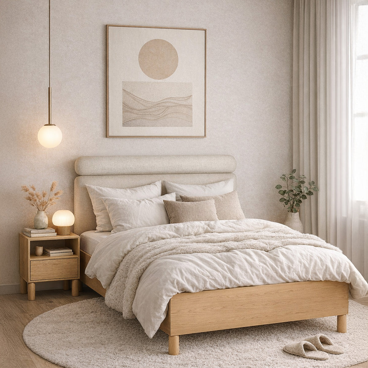 Bett mit gepolstertem Kopfteil 140x200 cm Sanden mit Stauraum und Metallrahmen in cremefarbenem Bouclé, wasserabweisend