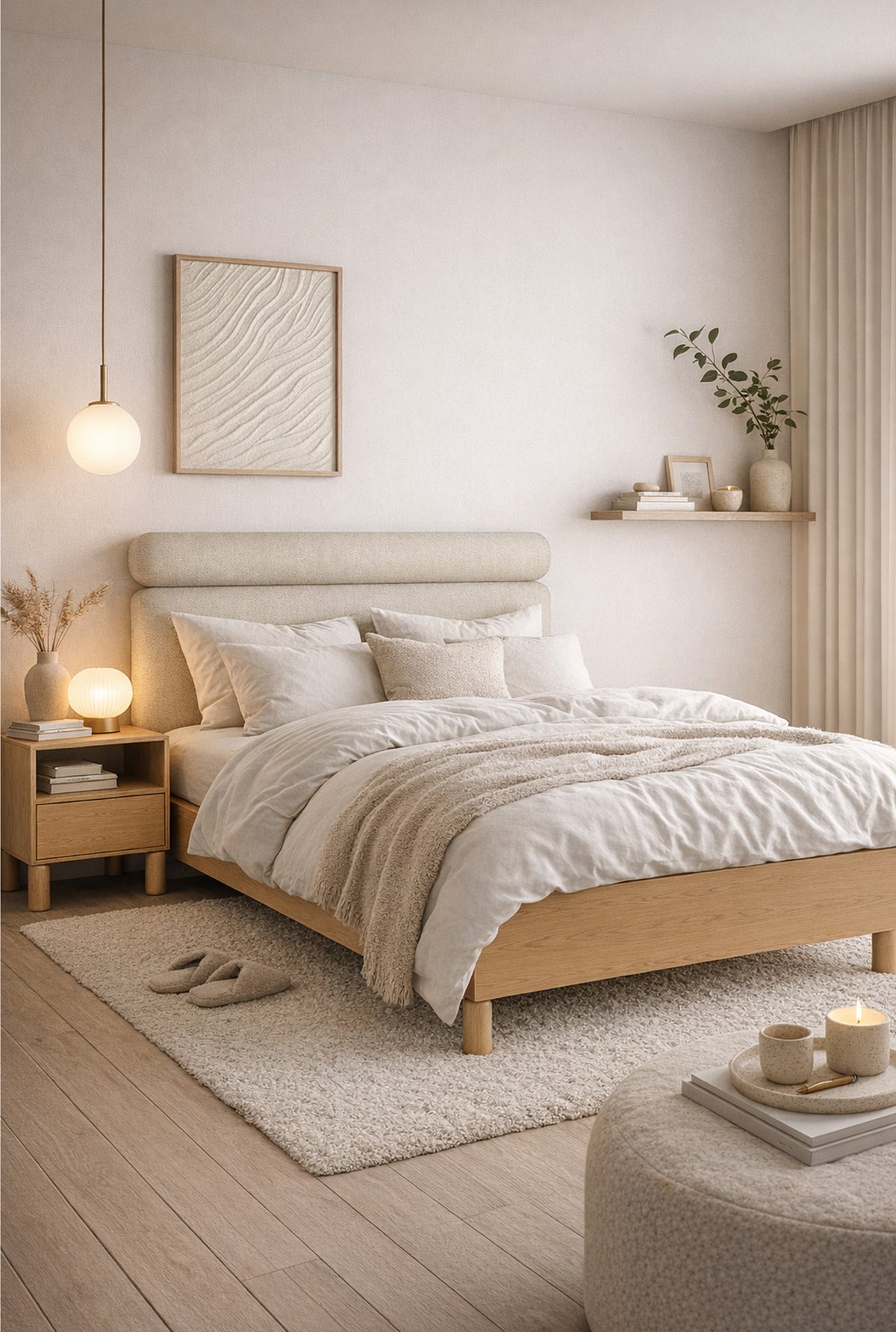 Bett mit gepolstertem Kopfteil 140x200 cm Sanden mit Stauraum und Metallrahmen in cremefarbenem Bouclé, wasserabweisend