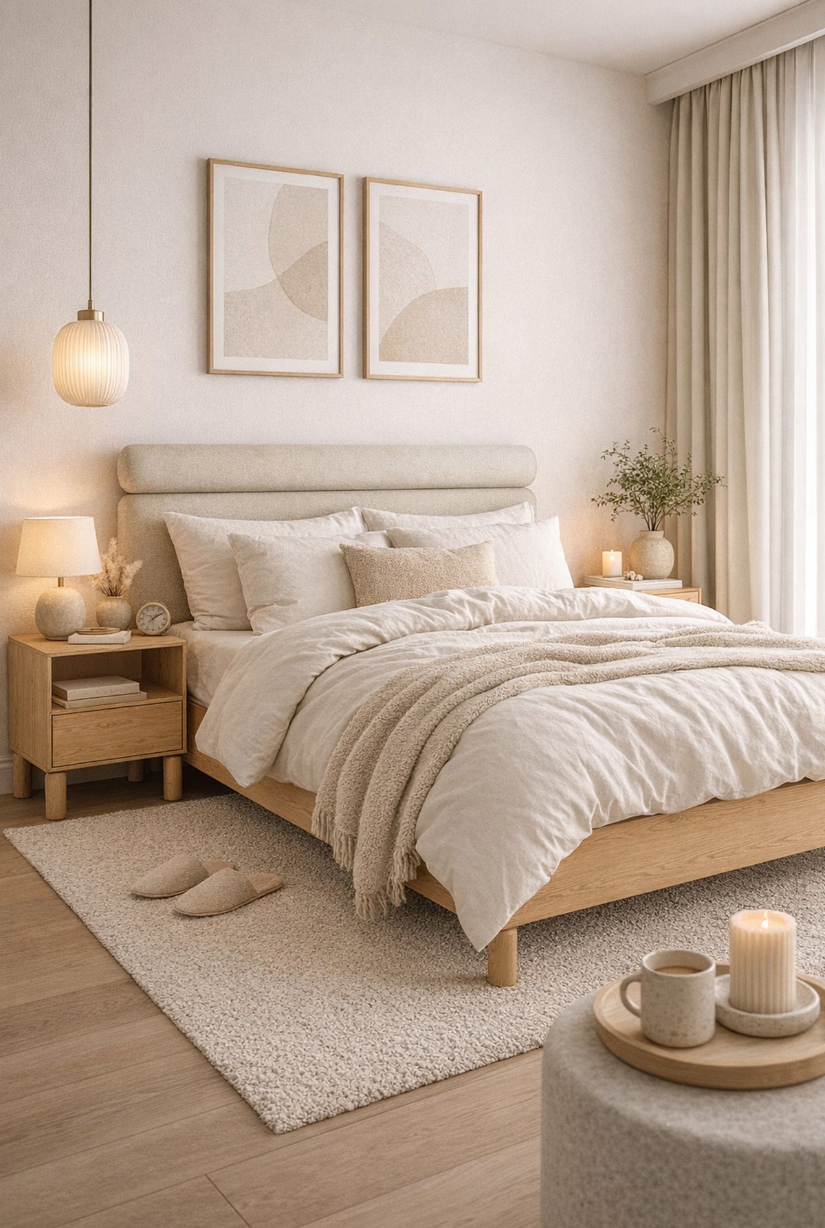 Bett mit gepolstertem Kopfteil 140x200 cm Sanden mit Stauraum und Metallrahmen in cremefarbenem Bouclé, wasserabweisend