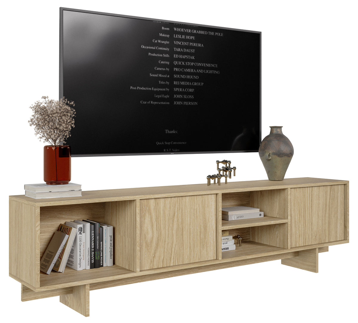 Meuble TV 2 portes Sanva avec trois niches 200 cm chêne huilé