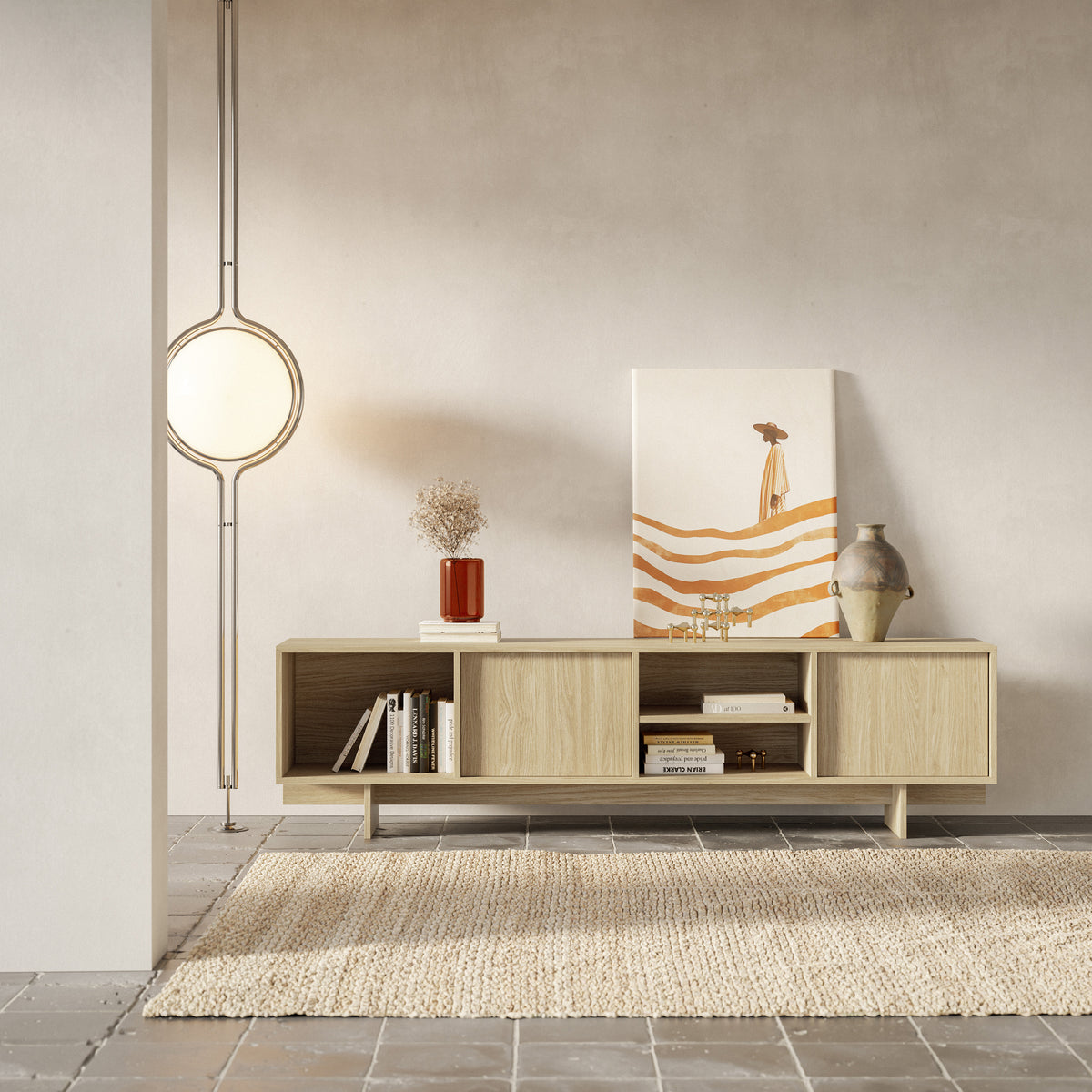 Meuble TV 2 portes Sanva avec trois niches 200 cm chêne huilé