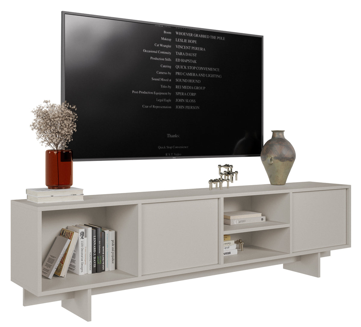 Meuble TV Sanva 2 portes avec trois niches 200 cm cachemire
