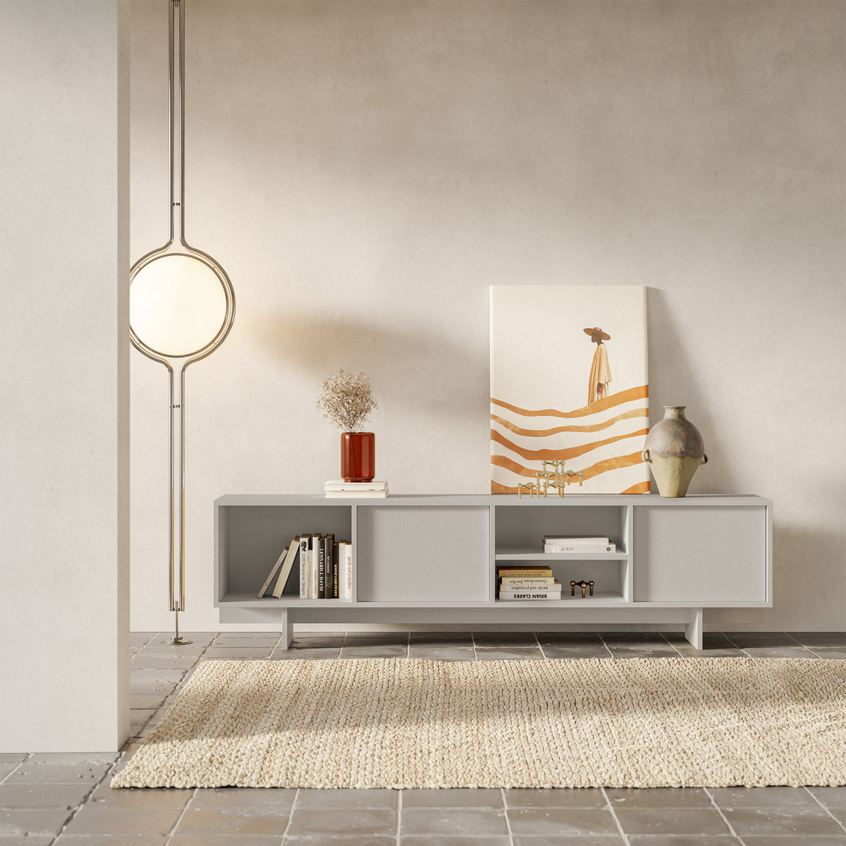 Meuble TV Sanva 2 portes avec trois niches 200 cm cachemire