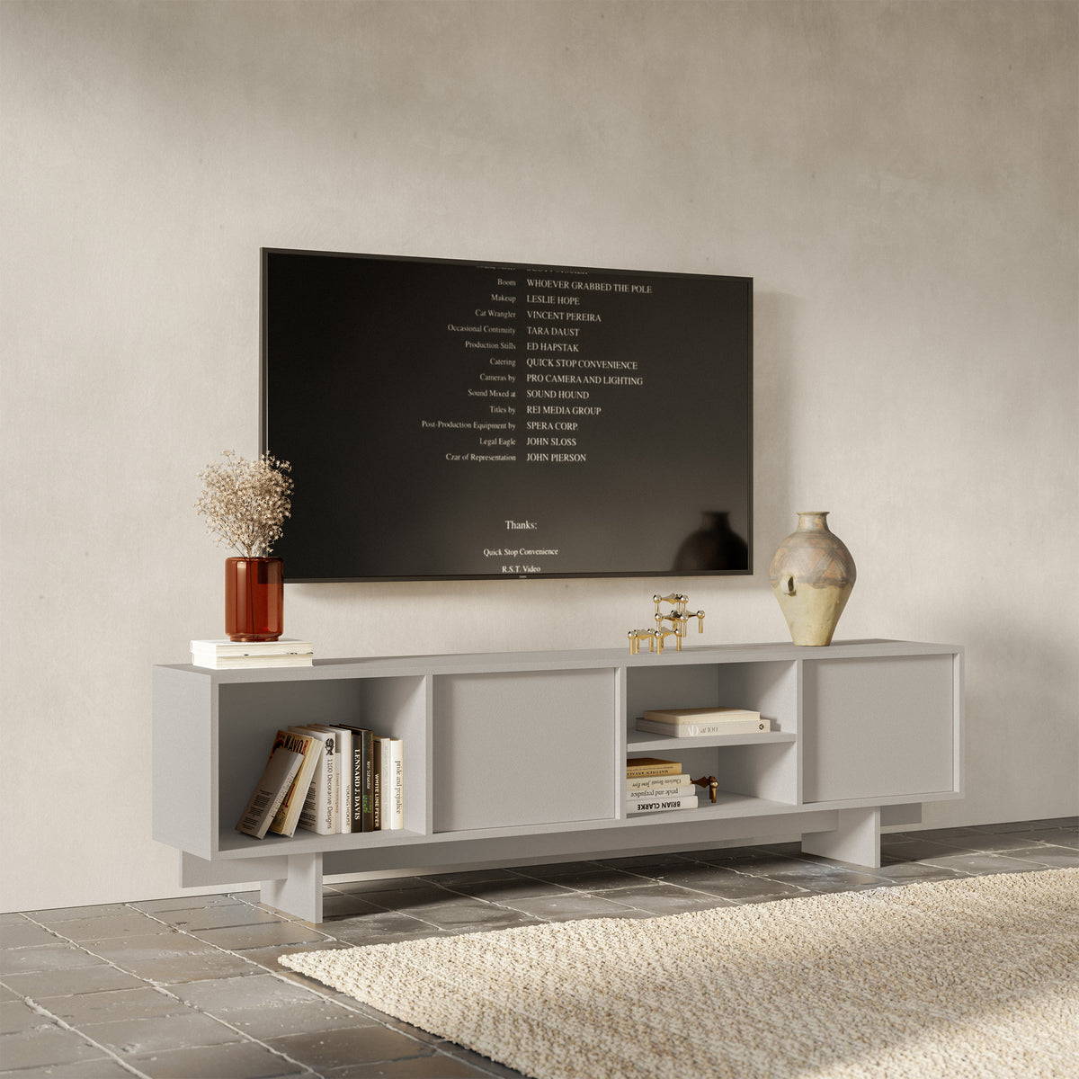 Meuble TV Sanva 2 portes avec trois niches 200 cm cachemire
