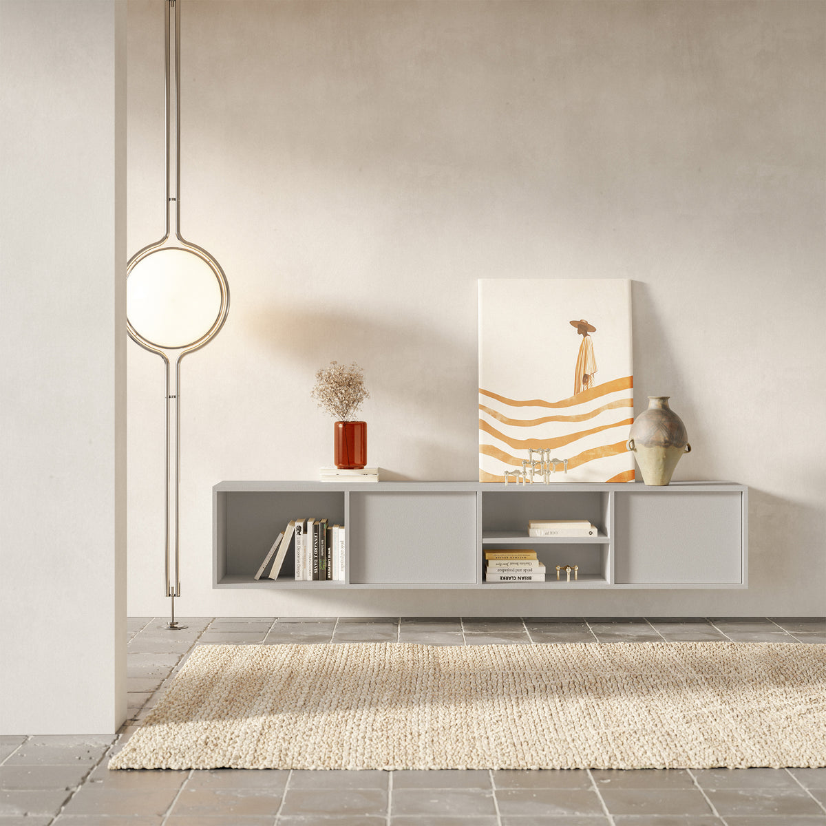 Meuble TV suspendu Sanva à deux portes avec trois niches, 200 cm, couleur cachemire