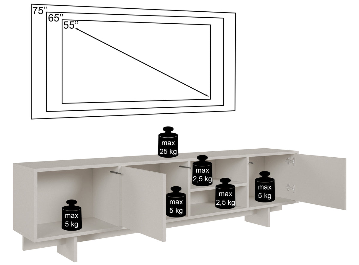Meuble TV Sanva 2 portes avec trois niches 200 cm cachemire