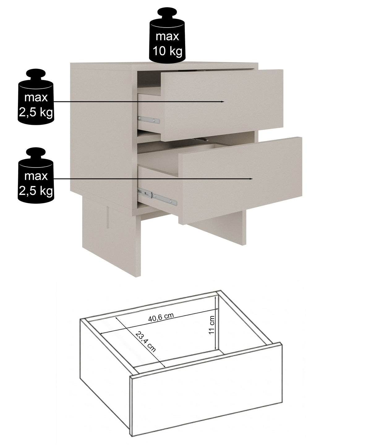 Nachttisch Sanva mit zwei Schubladen, 50 cm, Kaschmir