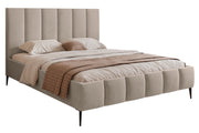 Lit tapissé 180x200 cm Sarafino avec coffre de rangement pour linge de lit, velours gris beige, cadre métallique sur pieds hauts