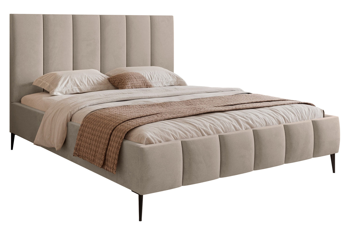 Lit tapissé 180x200 cm Sarafino avec coffre de rangement pour linge de lit, velours gris beige, cadre métallique sur pieds hauts