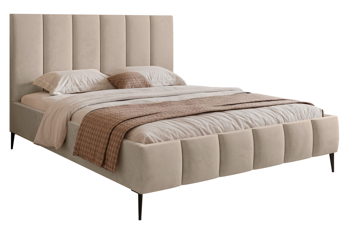 Lit tapissé 180x200 cm Sarafino avec rangement pour la literie, velours beige, cadre métallique sur pieds hauts
