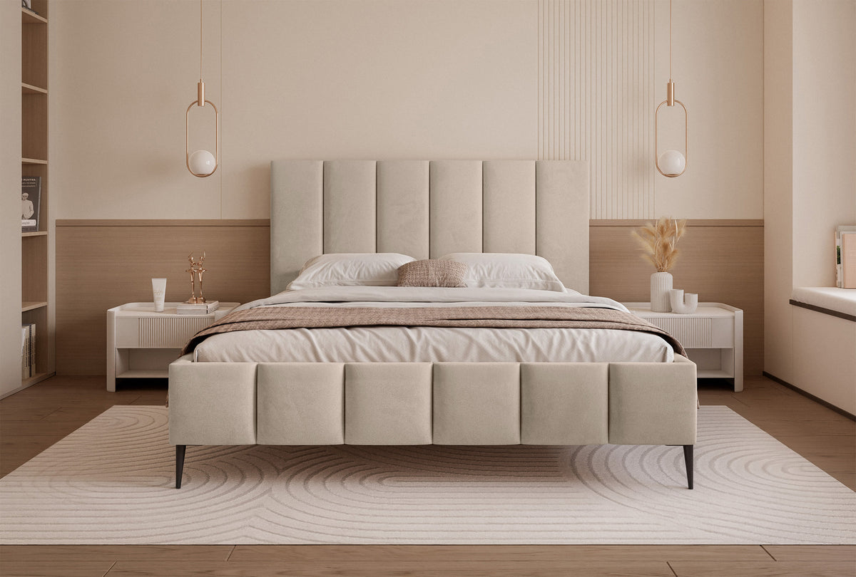 Lit tapissé 180x200 cm Sarafino avec rangement pour la literie, velours beige, cadre métallique sur pieds hauts