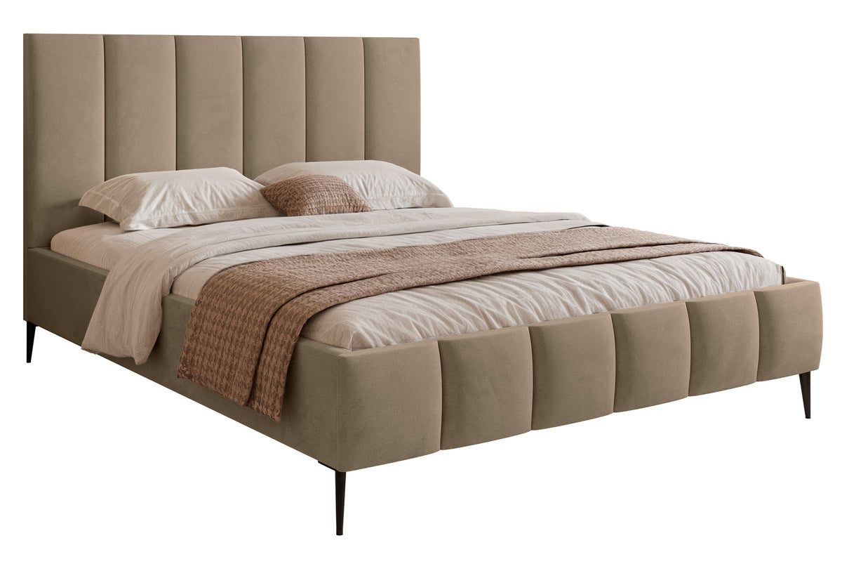 Lit tapissé 180x200 cm Sarafino avec rangement pour la literie, velours beige foncé, cadre métallique sur pieds hauts