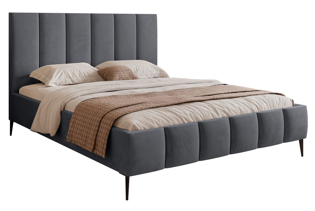 Lit tapissé 160x200 cm Sarafino avec rangement pour la literie, velours gris foncé, cadre métallique sur pieds hauts