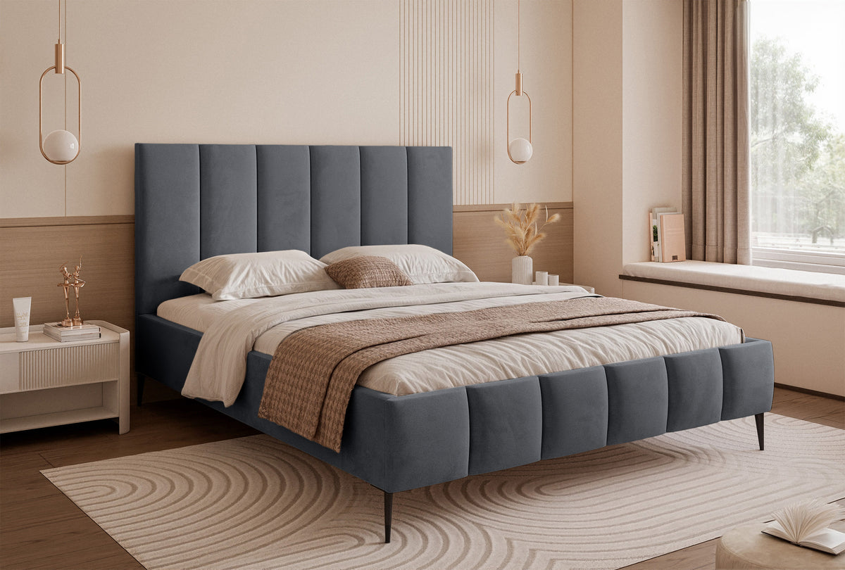 Lit tapissé 140x200 cm Sarafino avec rangement pour la literie, velours gris foncé, cadre métallique sur pieds hauts