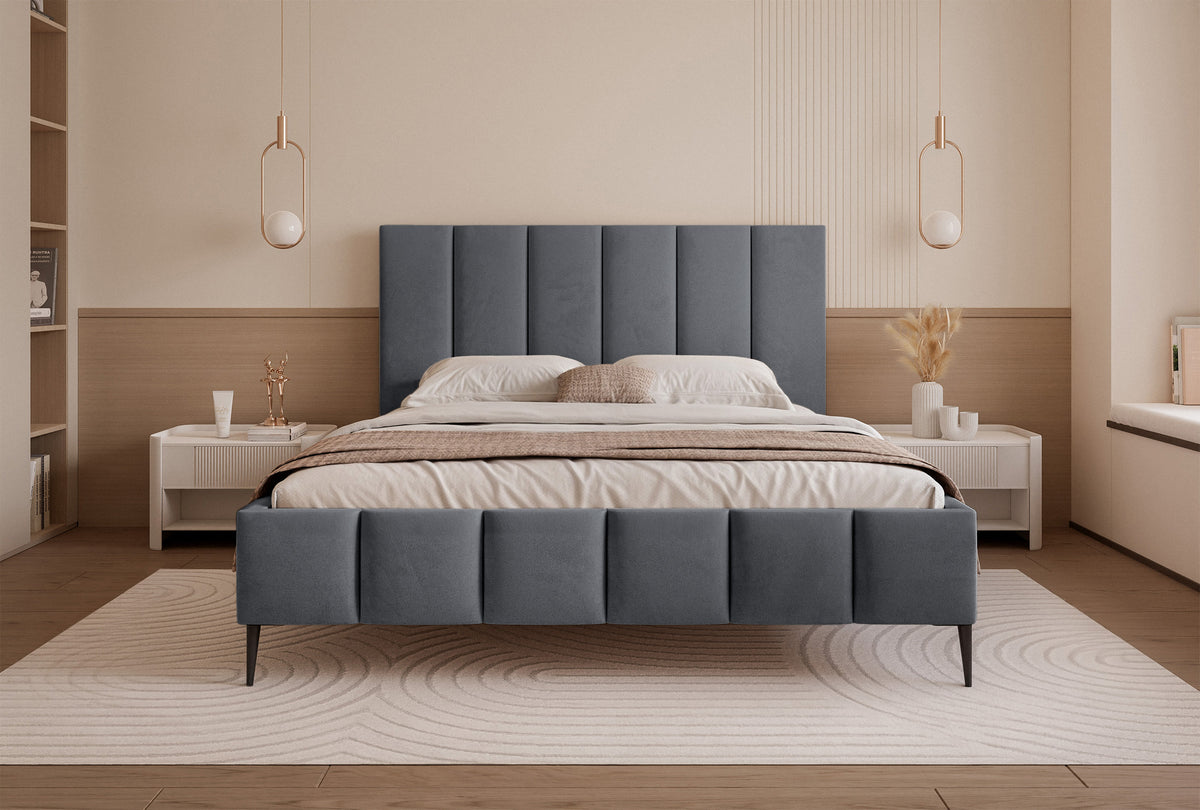 Lit tapissé 140x200 cm Sarafino avec rangement pour la literie, velours gris foncé, cadre métallique sur pieds hauts