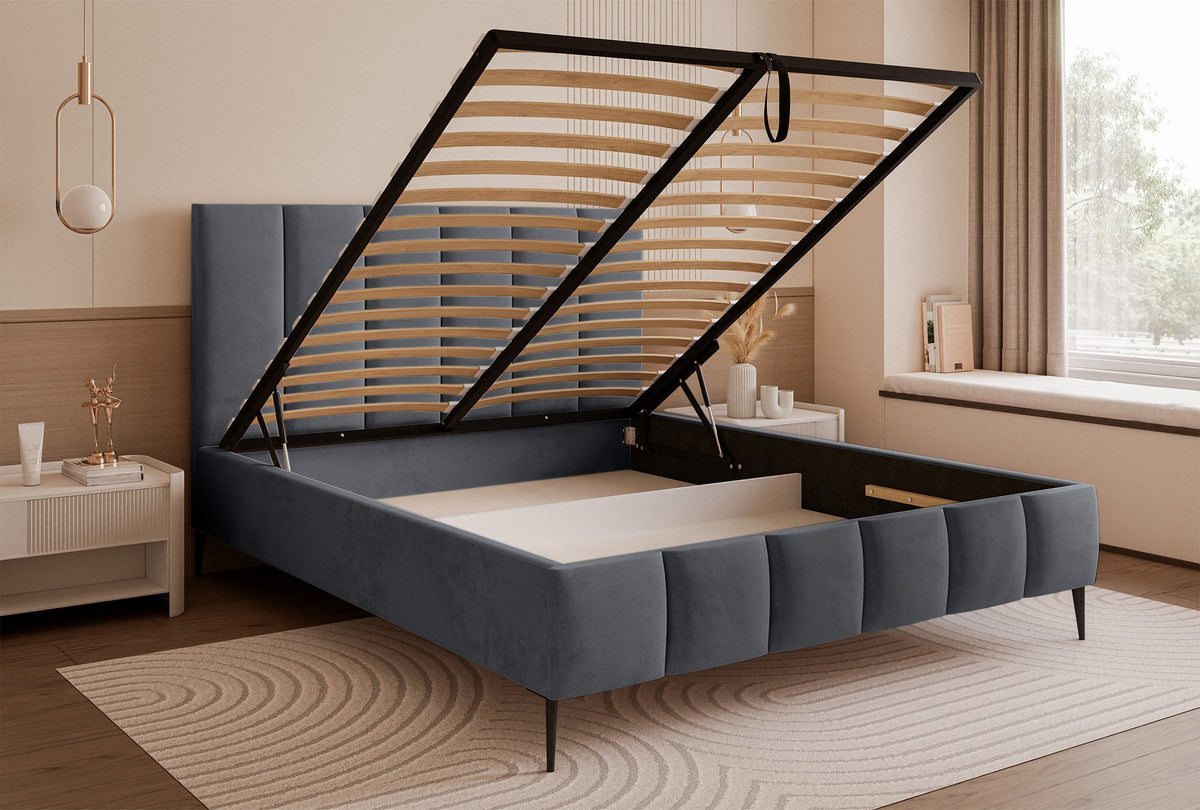 Lit tapissé 140x200 cm Sarafino avec rangement pour la literie, velours gris foncé, cadre métallique sur pieds hauts
