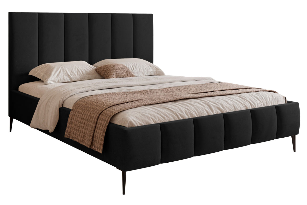 Lit tapissé 140x200 cm Sarafino avec rangement pour linge de lit, velours noir, cadre métallique sur pieds hauts