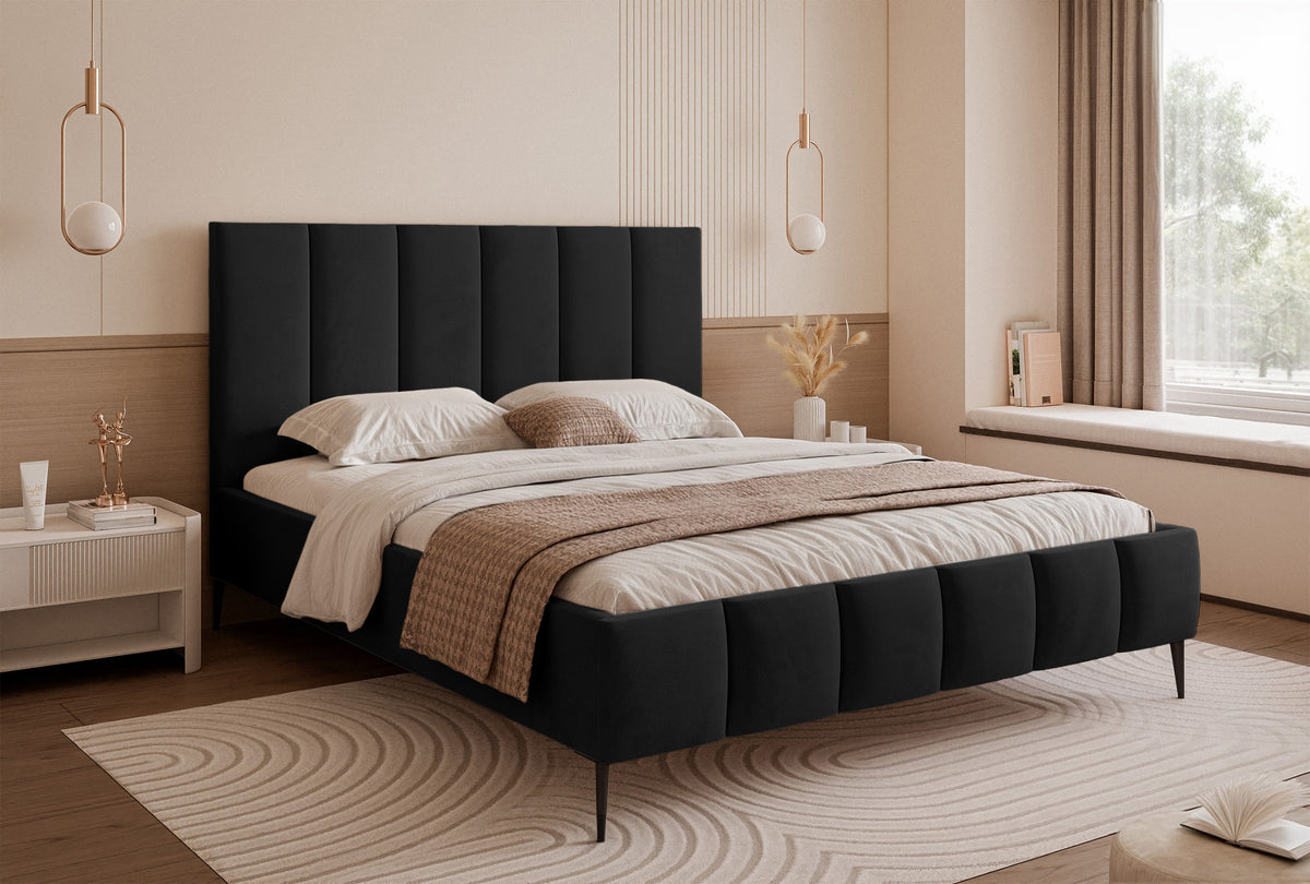 Lit tapissé 140x200 cm Sarafino avec rangement pour linge de lit, velours noir, cadre métallique sur pieds hauts