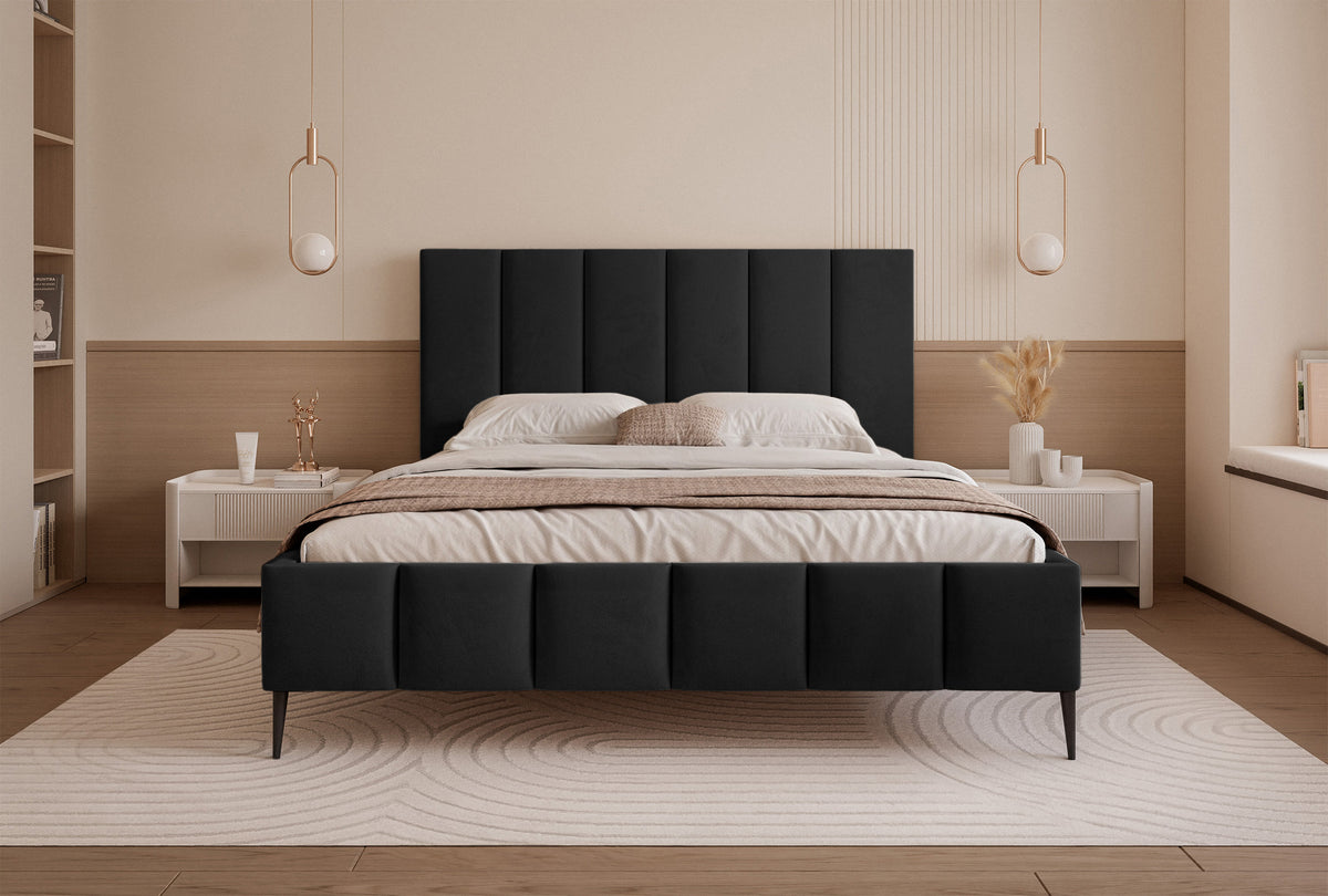 Lit tapissé 140x200 cm Sarafino avec rangement pour linge de lit, velours noir, cadre métallique sur pieds hauts