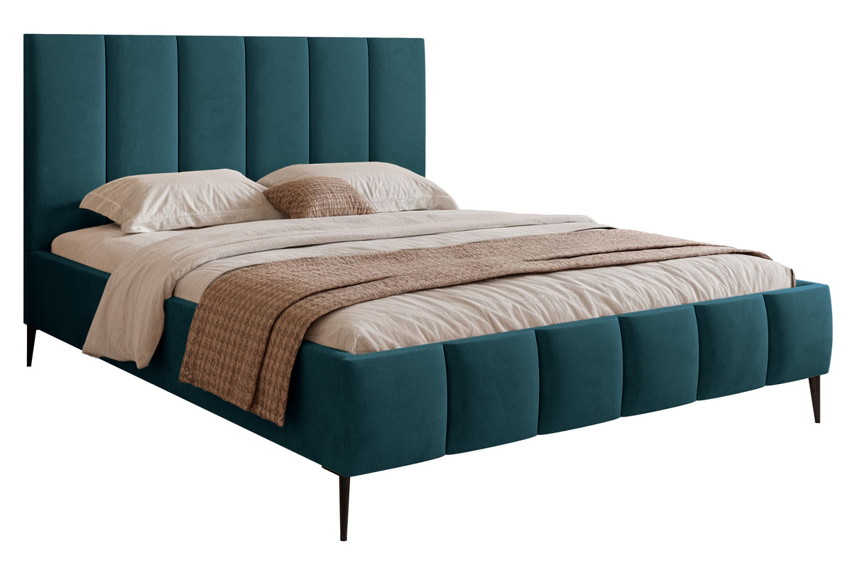 Lit tapissé 140x200 cm Sarafino avec rangement pour linge de lit, velours turquoise, cadre métallique sur pieds hauts