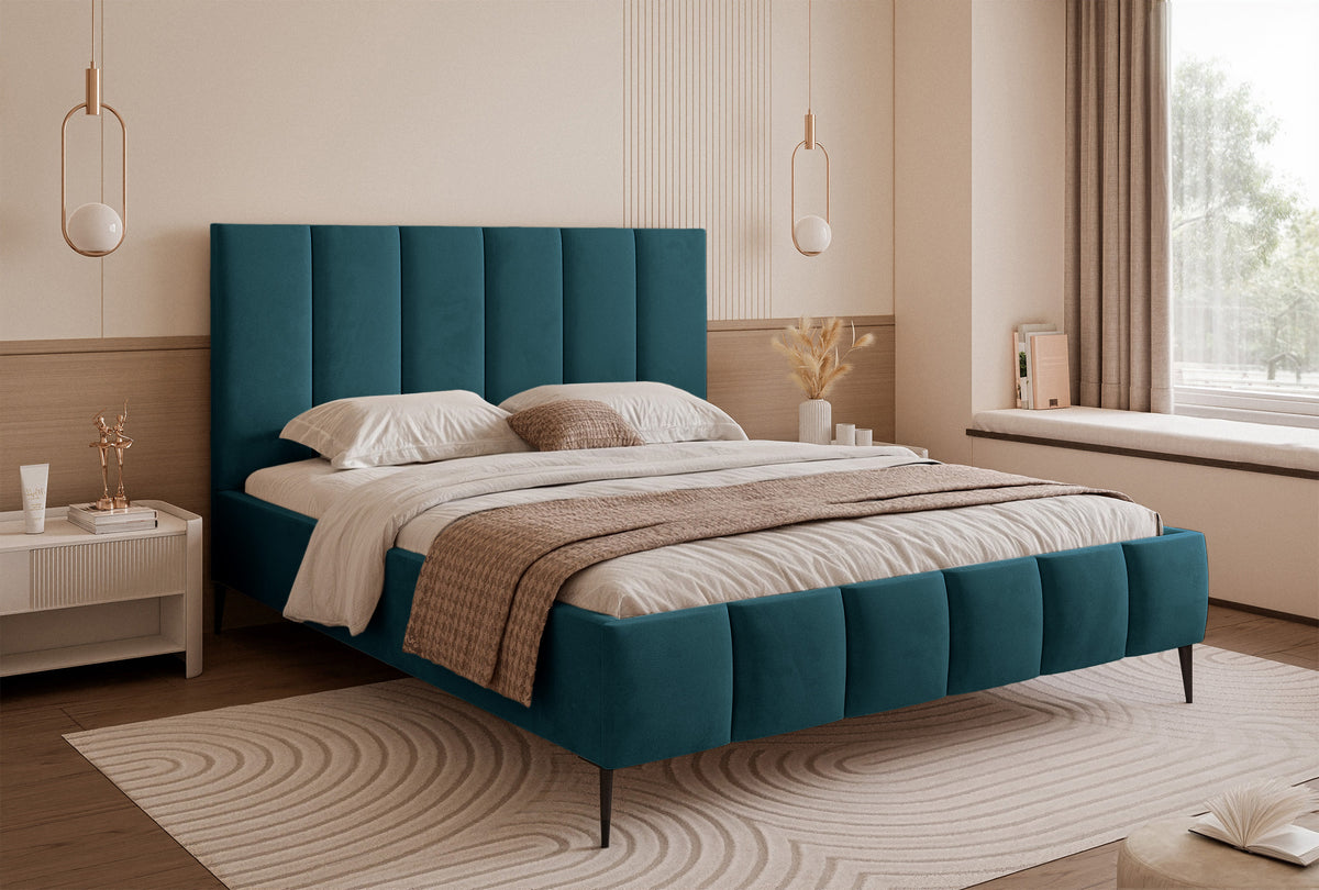 Lit tapissé 160x200 cm Sarafino avec coffre de rangement pour linge de lit, velours turquoise, cadre métallique sur pieds hauts