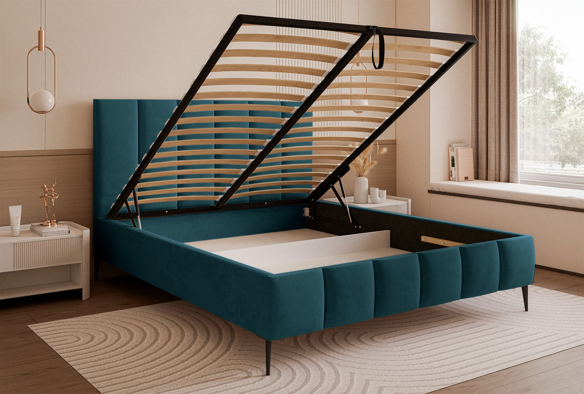 Lit tapissé 160x200 cm Sarafino avec coffre de rangement pour linge de lit, velours turquoise, cadre métallique sur pieds hauts