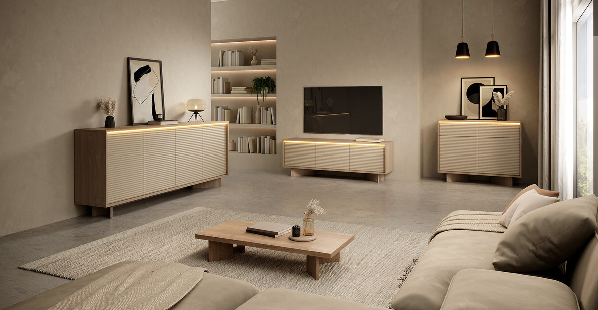 Vier­türige Kommode Semi mit LED-Beleuchtung 204 cm Bolivar Natur/Cappuccino