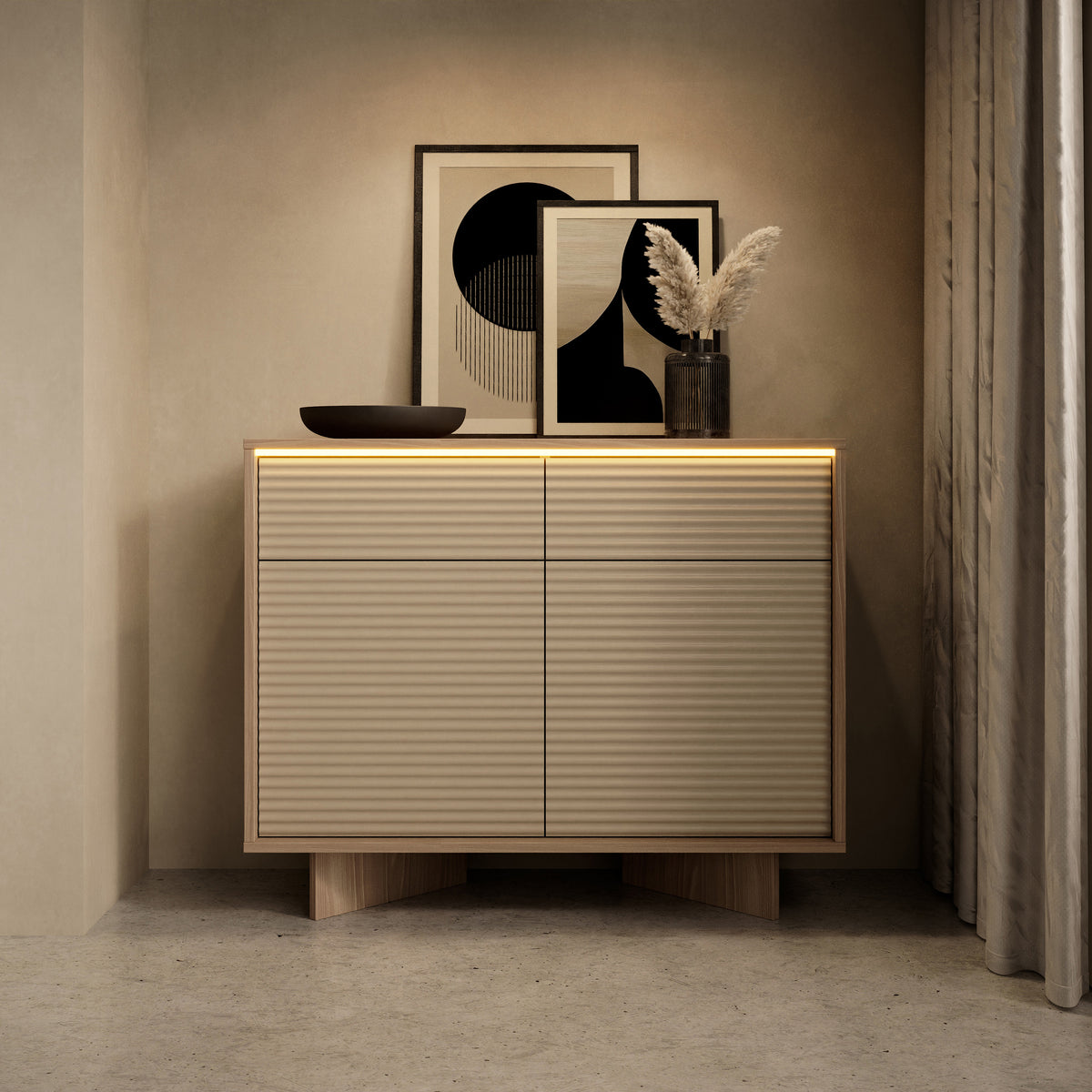 Commode deux portes Semi avec deux tiroirs et éclairage LED 104 cm bolivar naturel/cappuccino