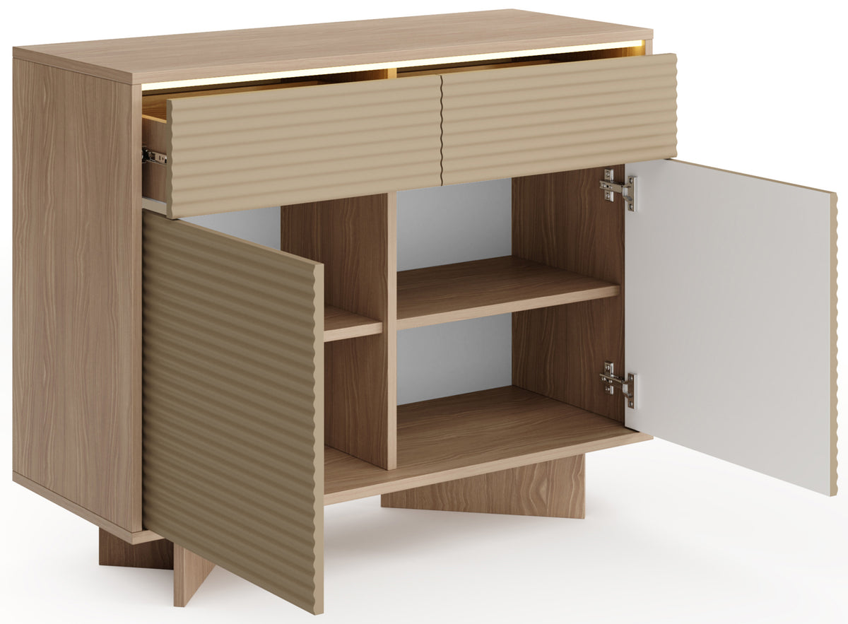 Commode deux portes Semi avec deux tiroirs et éclairage LED 104 cm bolivar naturel/cappuccino