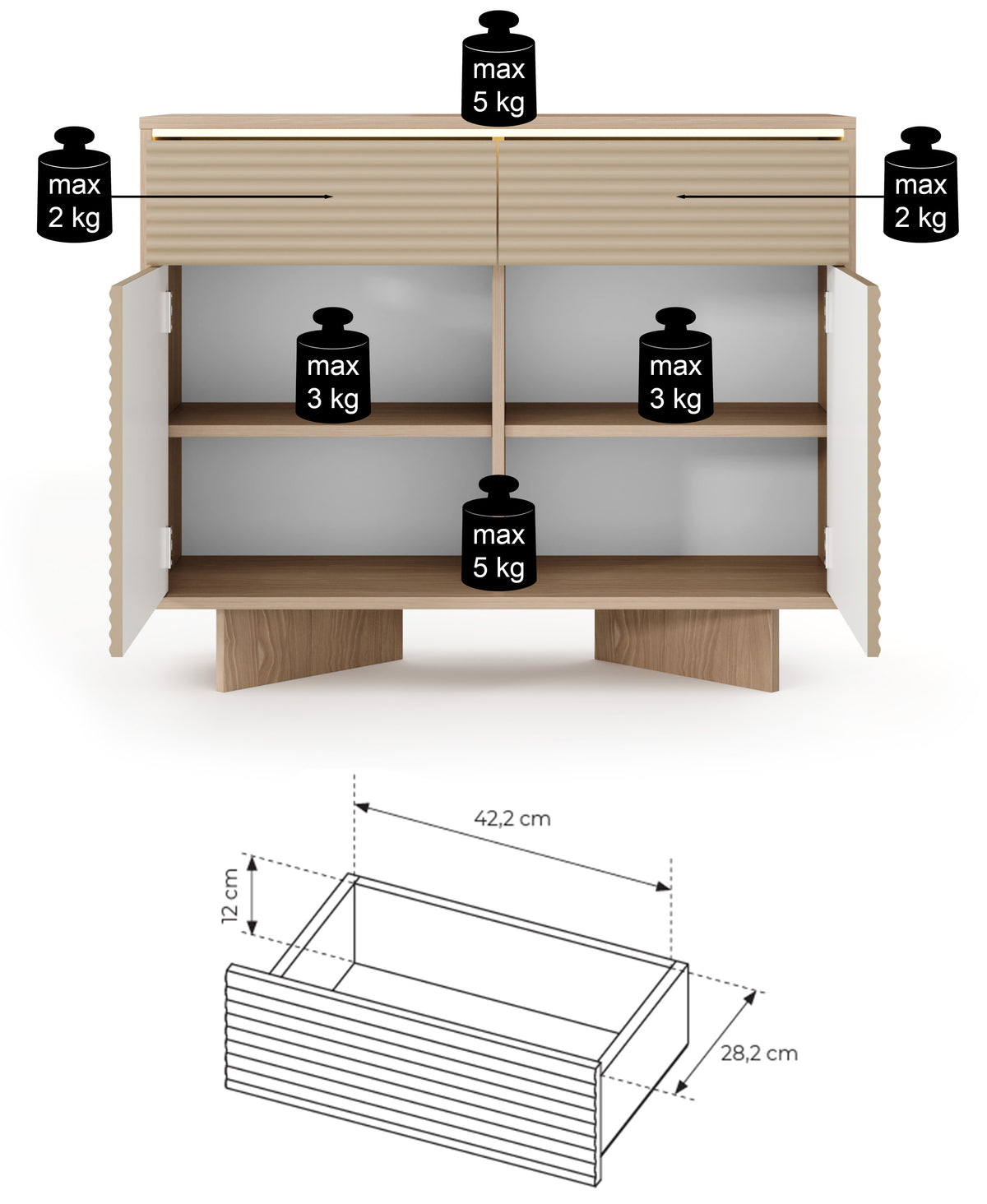 Commode deux portes Semi avec deux tiroirs et éclairage LED 104 cm bolivar naturel/cappuccino