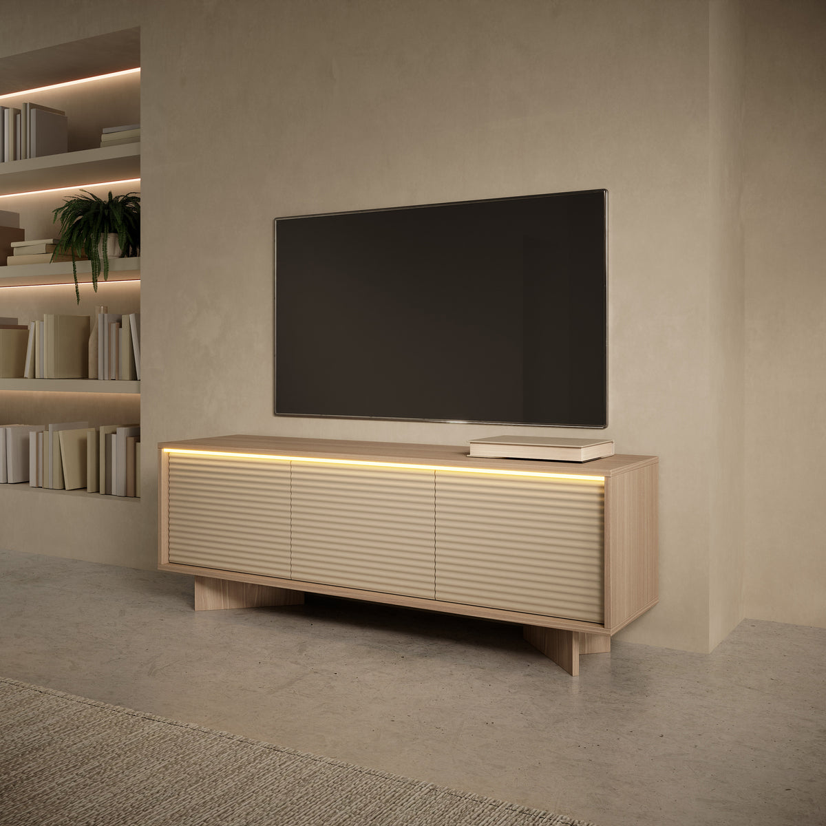Buffet TV trois portes Semi avec éclairage LED 154 cm bolivar naturel/cappuccino