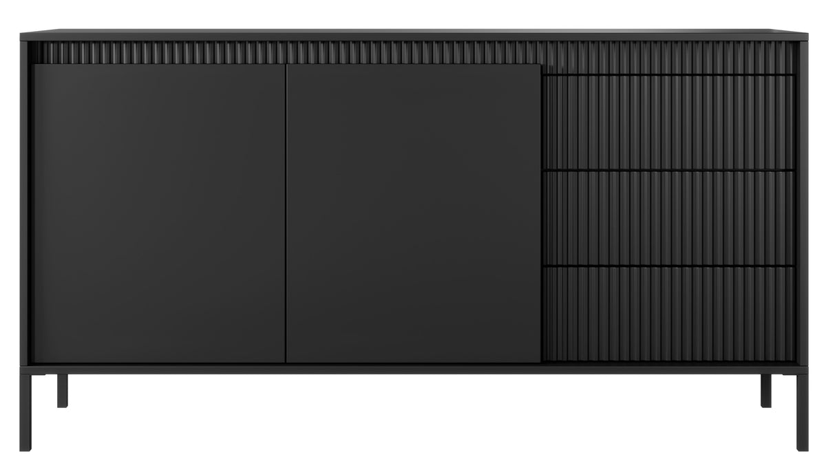 Commode deux portes Falsetto avec façades rainurées et trois tiroirs, 154 cm, noire