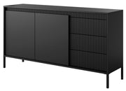 Commode deux portes Falsetto avec façades rainurées et trois tiroirs, 154 cm, noire